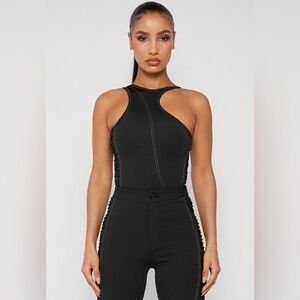 Maniere De Voir Contrast‎ Stitch Vegan Leather Bodysuit Black US 10 UK 14